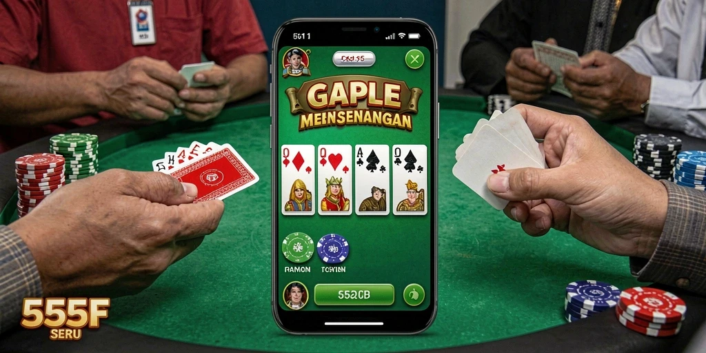 Screenshot dari permainan Gaple di 555F yang menunjukkan gameplay seru.