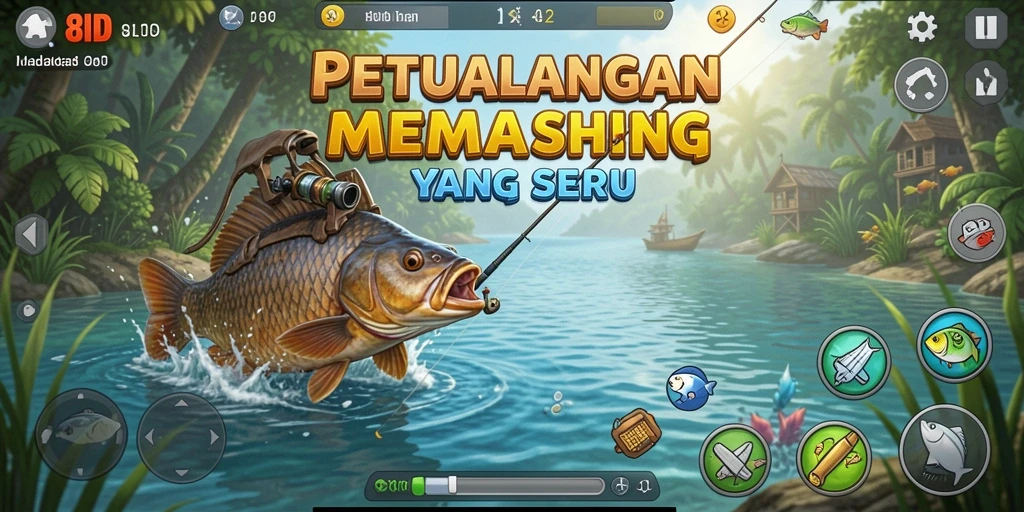 Screenshot utama 8ID menampilkan pemain dalam aksi memancing dengan latar belakang pemandangan yang indah.