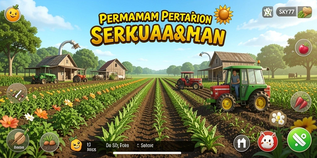 Screenshot gameplay <strong>SKY77</strong> menunjukkan ladang pertanian yang indah dan produktif.
